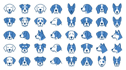 Blue and white minimalist dog breed head icons collection. © masa