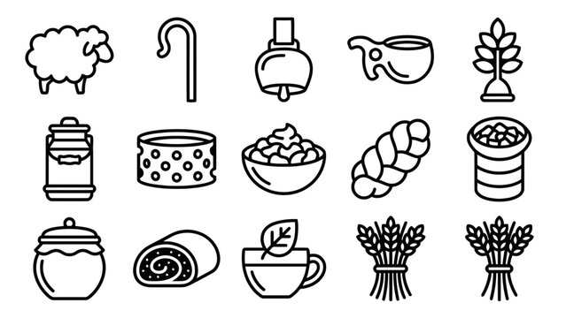 Minimal line art pictogram icons of farm and food themes