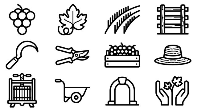 Minimal line art pictogram icons for agriculture and gardening