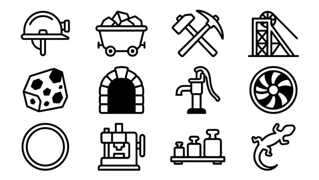 Minimal line art icons for mining and industrial activities collection