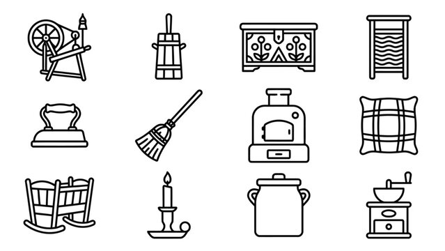 Collection of minimal line art household item icons