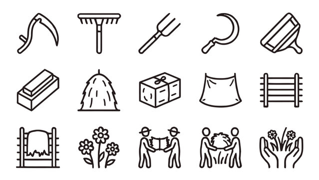 Slovak traditional farming and harvesting tools pictogram icons arranged neatly