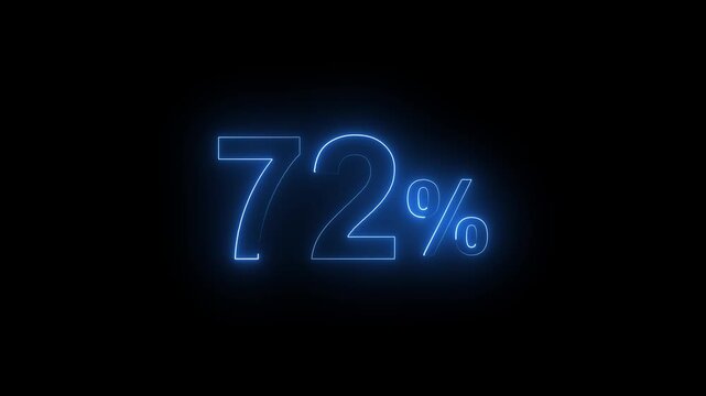 Glowing Neon Blue 72 Percent Sign Animation on Black Background. Percentage Number.