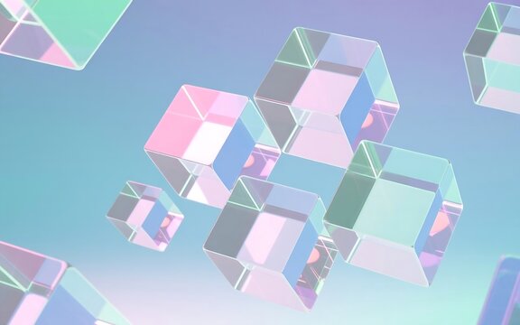Abstract Composition Featuring Floating Translucent Iridescent Geometric Crystal Cubes