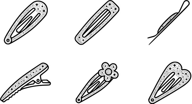 Beauty  Fashion Hair Clips and Barrettes Collection in Black and White Outline Line Art Doodle Style