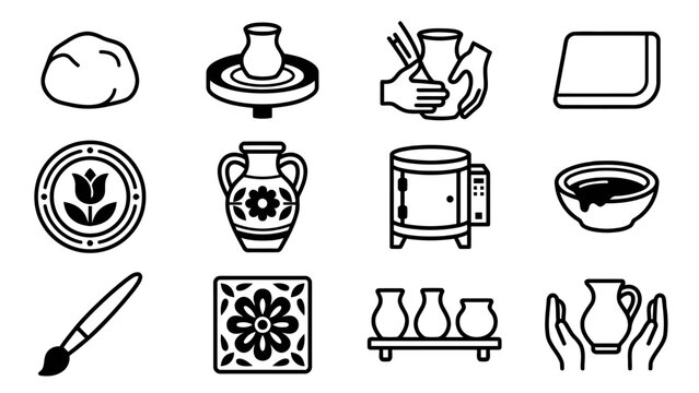 Slovak traditional pottery and ceramic making linear pictogram symbols kit