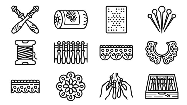 Slovak traditional craft icons including bobbin lace making and needlepoint tools symbols