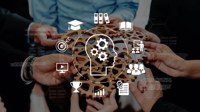 Hands Collaborating to Create a Mindset of Innovation and Learning with Geared Brain Imagery and Digital Icons Representing Education and Success Gluon.