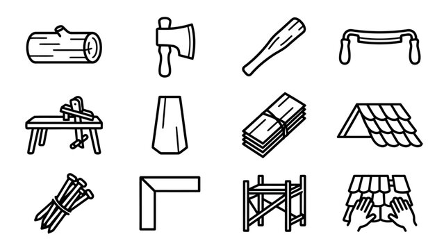 Woodworking tools and materials line art icons set featuring construction and carpentry elements