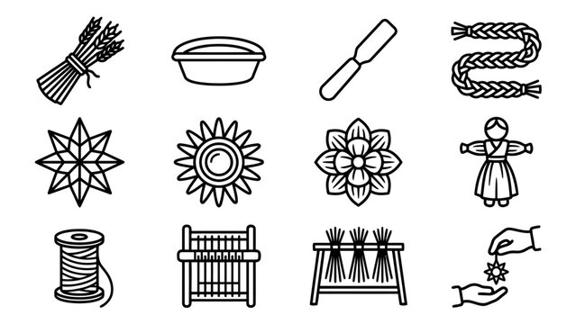 Slovak folk art symbols and tools line icons including wheat, braid, and traditional doll