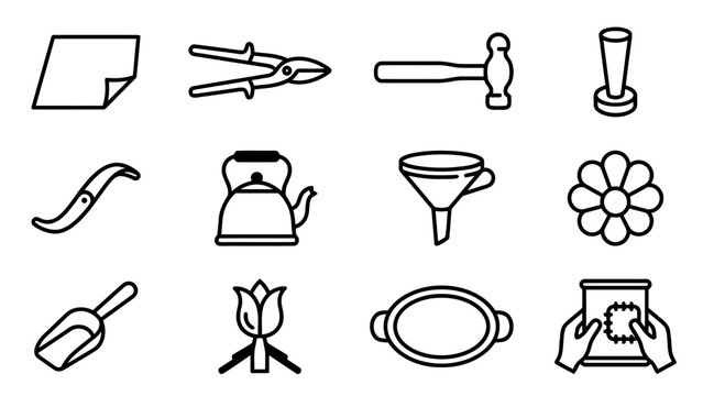 Collection of minimal line art pictograms representing tools and objects for diverse uses