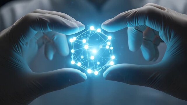 Scientist's gloved hands holding glowing abstract molecular network structure in lab