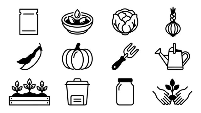 Gardening icons set featuring seedlings, watering can, pumpkin, cabbage, onion, peas, jar, fork