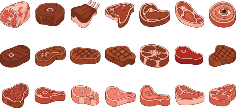 Raw Meat Cuts Collection Vector Set Featuring Beef, Pork, Lamb and Steak Butcher Products Isolated Flat Food Illustration