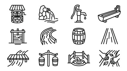 Fototapeta premium Set of line art icons representing water sources and water management elements