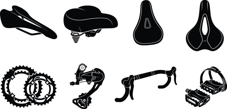 Bicycle Component and Parts Silhouette Icon Set with Saddle Handlebar Pedals and Chainrings