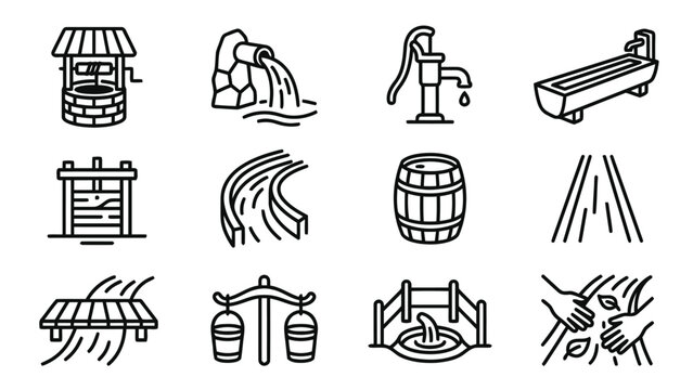 Set of line art icons representing water sources and water management elements
