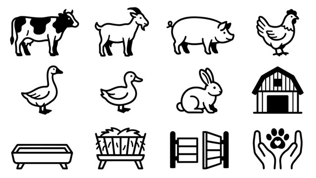 Farming icons set featuring domestic animals and rural farm elements in simple line art