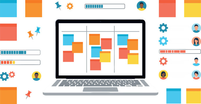 Flat Agile Project Management Vector Concept Set with Digital Scrum Kanban Board on Laptop Screen Progress Loading Bars User Avatars and Sticky Notes