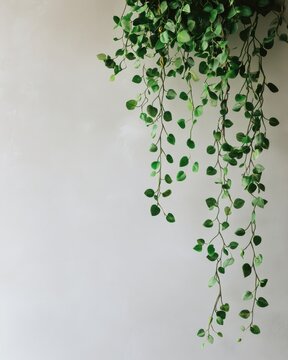 Green Leafy Trailing Plant Hanging Against White Wall Indoor Decor leaves
