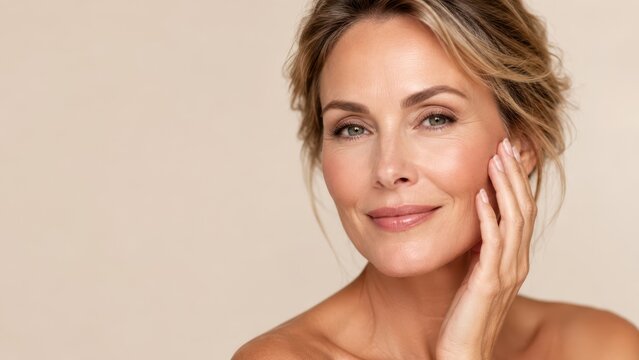 Beautiful Mature Woman Touching Healthy Glowing Skin with Natural Anti Aging Beauty Care