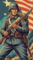 Obraz premium Vintage illustration: Determined soldier guards freedom against a patriotic backdrop of stars and stripes.