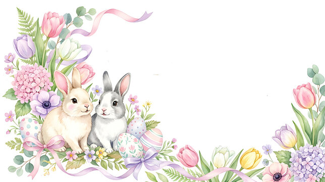 Elegant Easter greeting card, cute bunny rabbits, decorated Easter eggs, spring flowers, tulips, greenery, soft ribbons, pastel watercolor style, pastel pink lavender mint palette, white background, 