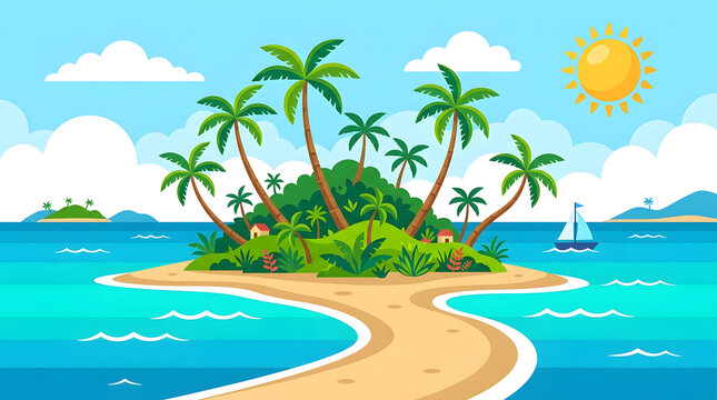 Vector illustration of a tropical island with palm trees, sandy beach, and clear blue sea in flat cartoon style