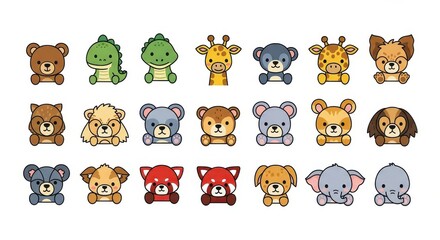 Fototapeta premium Cute Cartoon Animal Avatars Set - Kawaii Wildlife and Domestic Pets Icons for Kids, Stickers, and Web Design