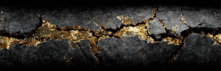 Fototapeta premium Close up of cracked weathered surface texture showing aged golden tones and dark shades