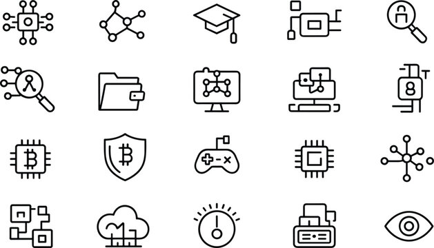 Blockchain technology and cryptocurrency line icons set vector illustration containing bitcoin wallet network microchip data security cloud computing