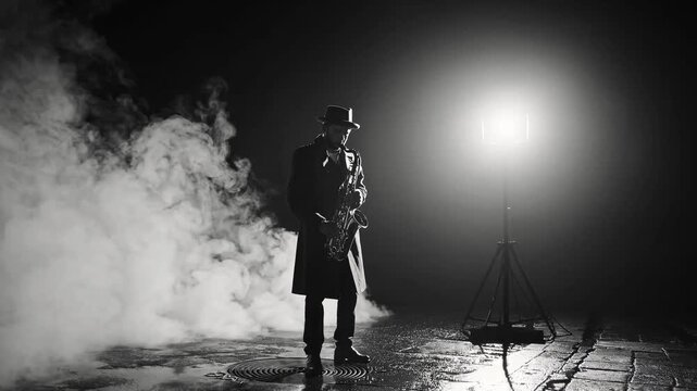 Atmospheric view of lonely saxophonist in hat and coat playing music on dark night street with thick smoke. Musician performs jazz on saxophone near bright lamp. Cinematic noir style and mood idea