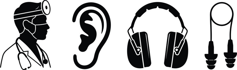 Audiology Hearing Care Icon Set with ENT Doctor Ear Muffs and Safety Plugs © PJ DeSign