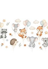 Fototapeta premium Cute Watercolor Nursery Animals Illustration with Balloons, Clouds, and Stars for Baby Shower Decor and Kids Room Wallpaper