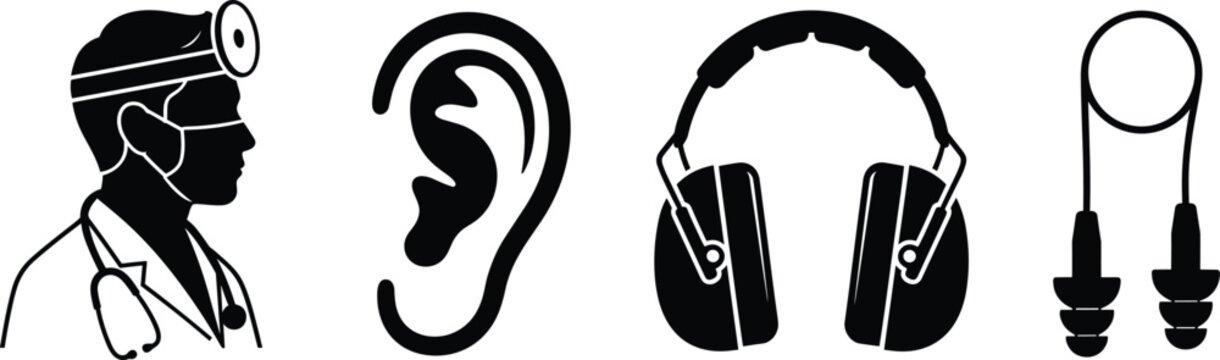 Audiology Hearing Care Icon Set with ENT Doctor Ear Muffs and Safety Plugs