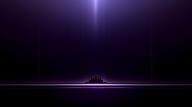 Minimalist dark purple Halloween concert backdrop, gothic haunted castle silhouette under vertical light beam, Demon Hunter,tiny flying bats, wide fantasy stage banner template