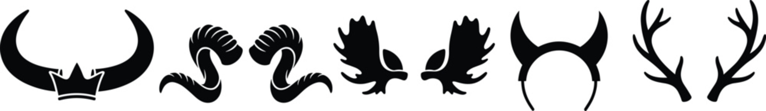 Animal Horns and Antlers Silhouette Icon Set with Bull Ram Moose Devil Symbols