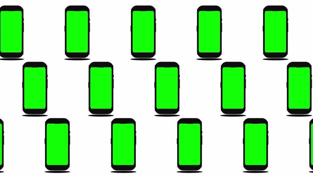 Multiple smartphone mockups animation, mobile phone screens moving from left to right with alpha channel, group of smartphones sliding transition animation transparent background for app presentation