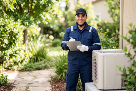 HVAC technician with clipboard standing near air conditioner