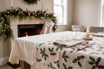 Obraz premium Festive christmas dining table set with holly tablecloth