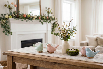 Obraz premium Pastel ceramic birds and flower vase on wooden table in bright living room