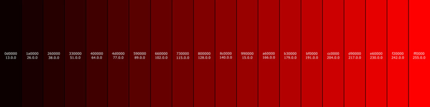 Red Color Palette with Labels in RGB and Hexadecimal HTML Hex Code Dark Red to Light Reds