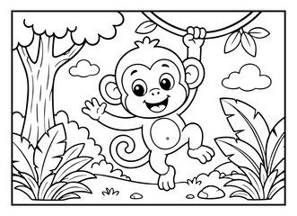 Monkey coloring page featuring a cute cartoon primate hanging from a jungle vine for children