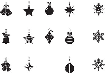 Obraz premium Variety Of Black Silhouette Christmas Ornaments Featuring Bells Stars And Snowflakes