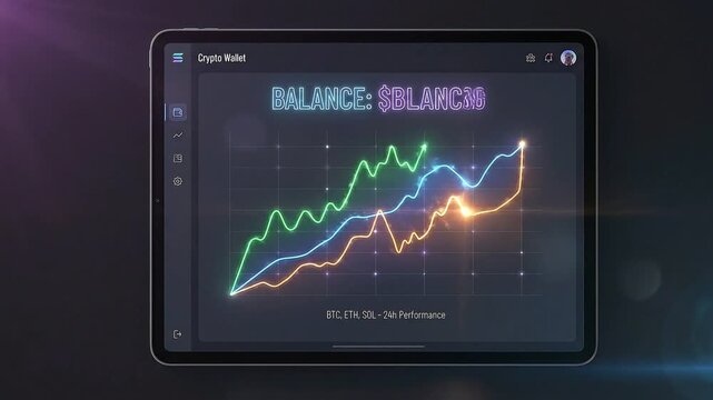 Motion graphics video of crypto wallet interface with glowing balance and performance line charts.