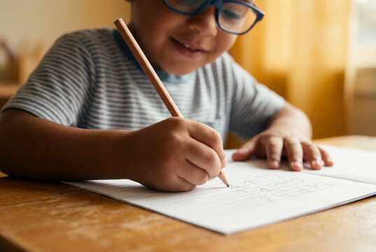 Young boy writing with pencil in notebook doing homework