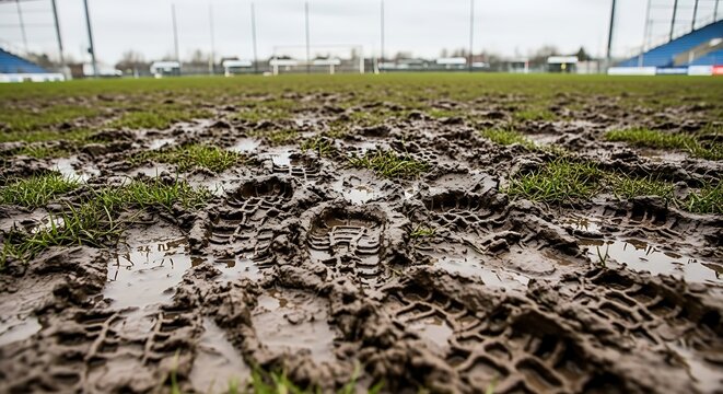 Muddy soccer field with shoe prints