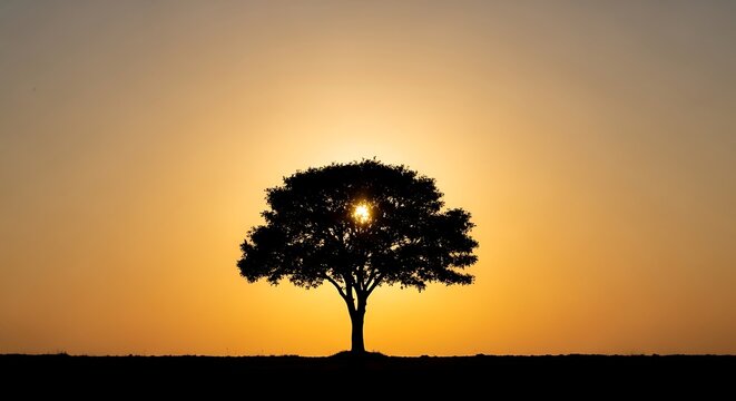 Tree silhouette at sunset with sun peeking through