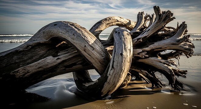 Driftwood sculpture on beach