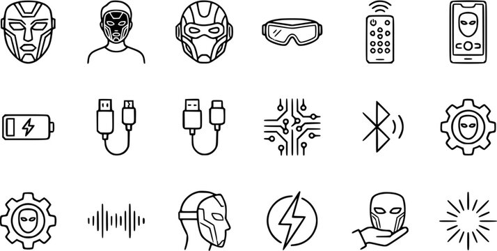 Technology AI Robotics Cyborg Icons Set - Futuristic Outline Symbols, Devices, and Mask Heads in Black and White Line Art Style